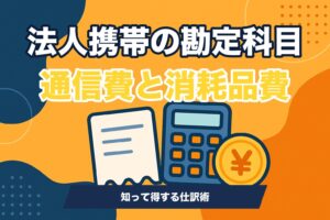 法人携帯の勘定科目を通信費と消耗品費に仕訳する方法を示すレシートと電卓のイラスト